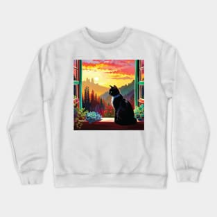 Tuxedo Cat in Window at Sunset Crewneck Sweatshirt